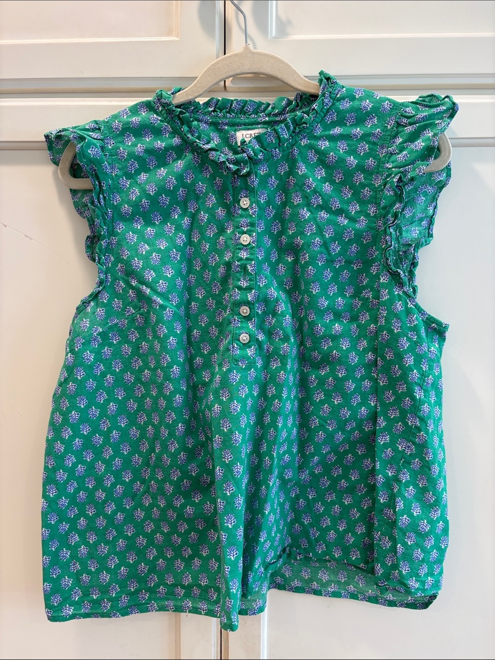J. Crew Factory Green Floral Ruffle-Sleeve Button Front Top
